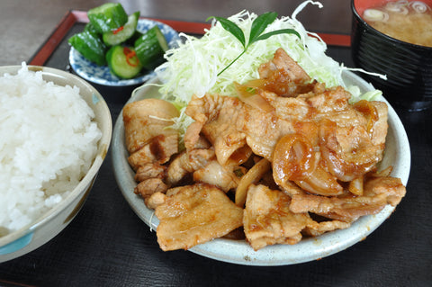 Japanese shogayaki ginger pork set meal with rice and miso soup